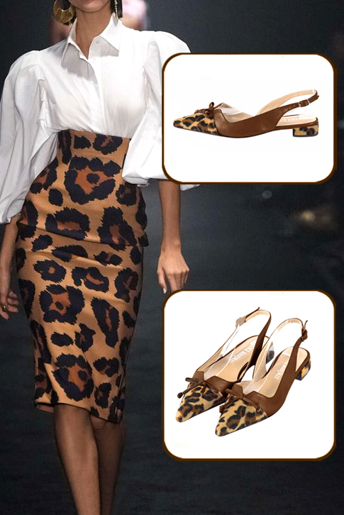 Women's animal print and caramel brown elegant slingback heels, with a bow on the front. Pointed toe. Flat flare heels - Top view